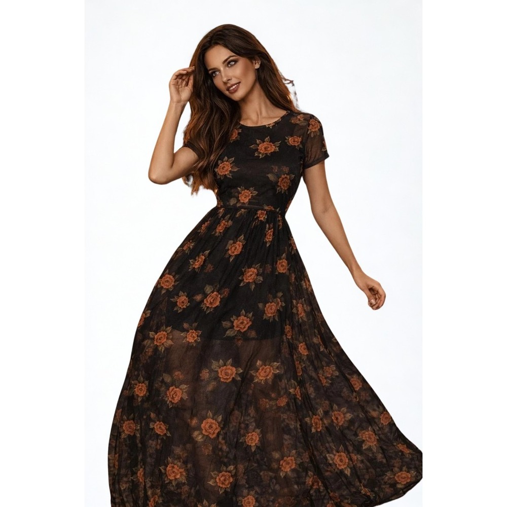 Goth Dark Floral Mesh Maxi Dress Womens S Black Red Rose Grunge Romantic Whimsy
